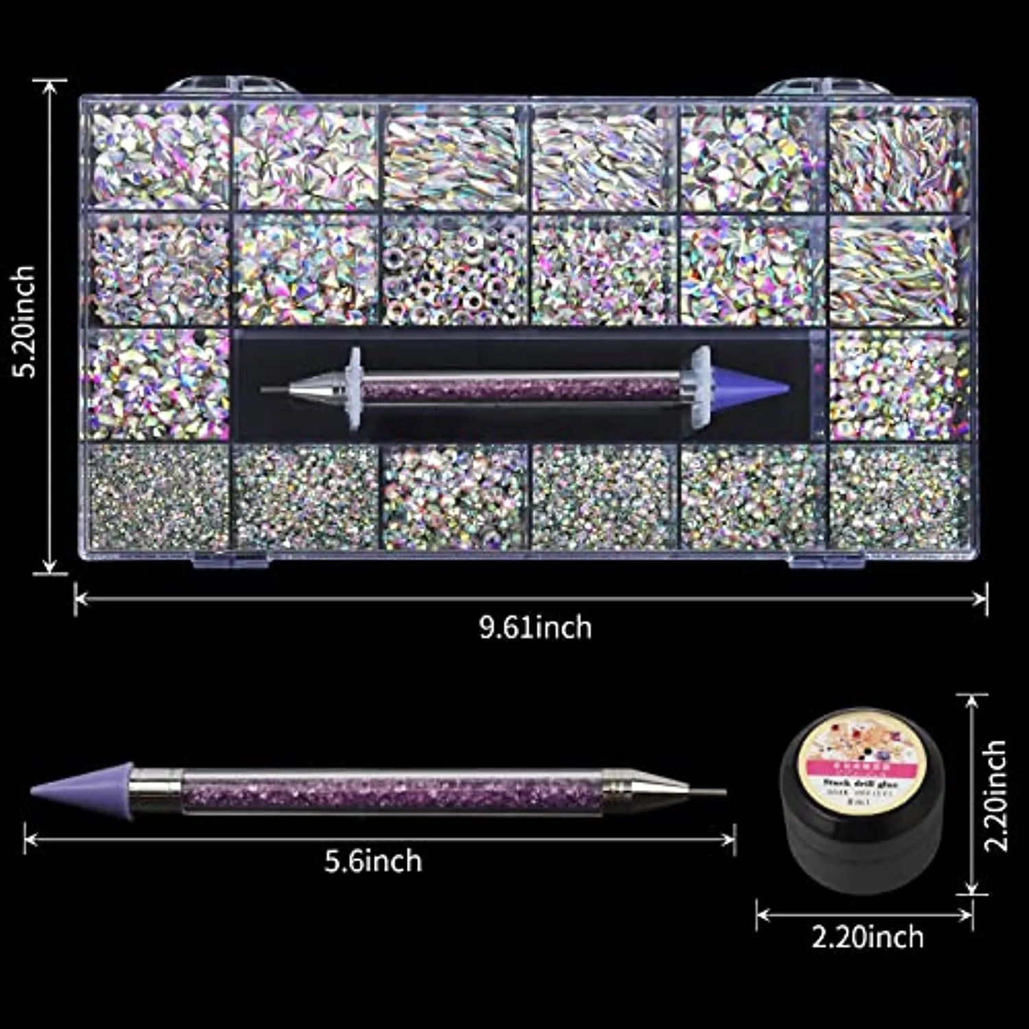 Artdone 3830pcs nail art Rhinestones and Multi Shapes Glass Crystal AB for Nail Art craft mix sizes nail Gems,Acrylic nail diamond with 3 glue