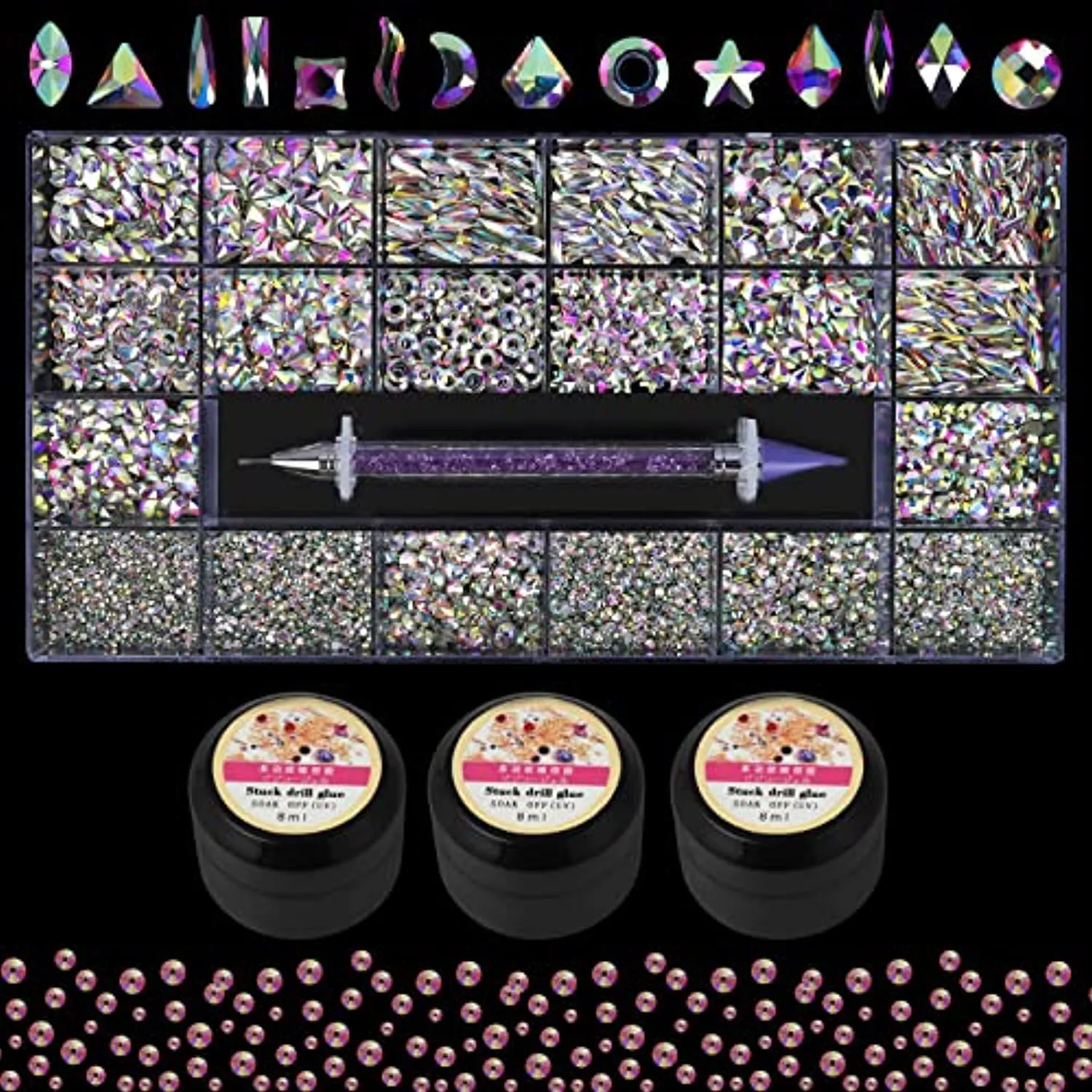 Artdone 3830pcs nail art Rhinestones and Multi Shapes Glass Crystal AB for Nail Art craft mix sizes nail Gems,Acrylic nail diamond with 3 glue