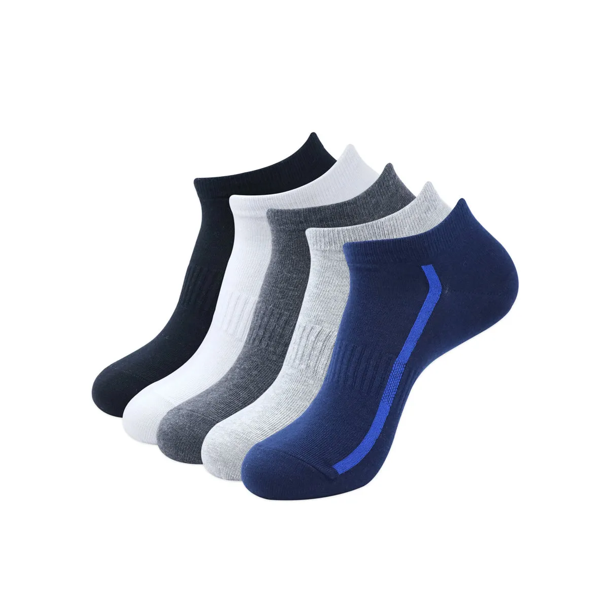 Balenzia Men's Cotton Solid Ankle Socks, Free Size-(23 cm),(Pack of 5 Pairs/1U)(White/Black/L.Grey/D.Grey/Navy)