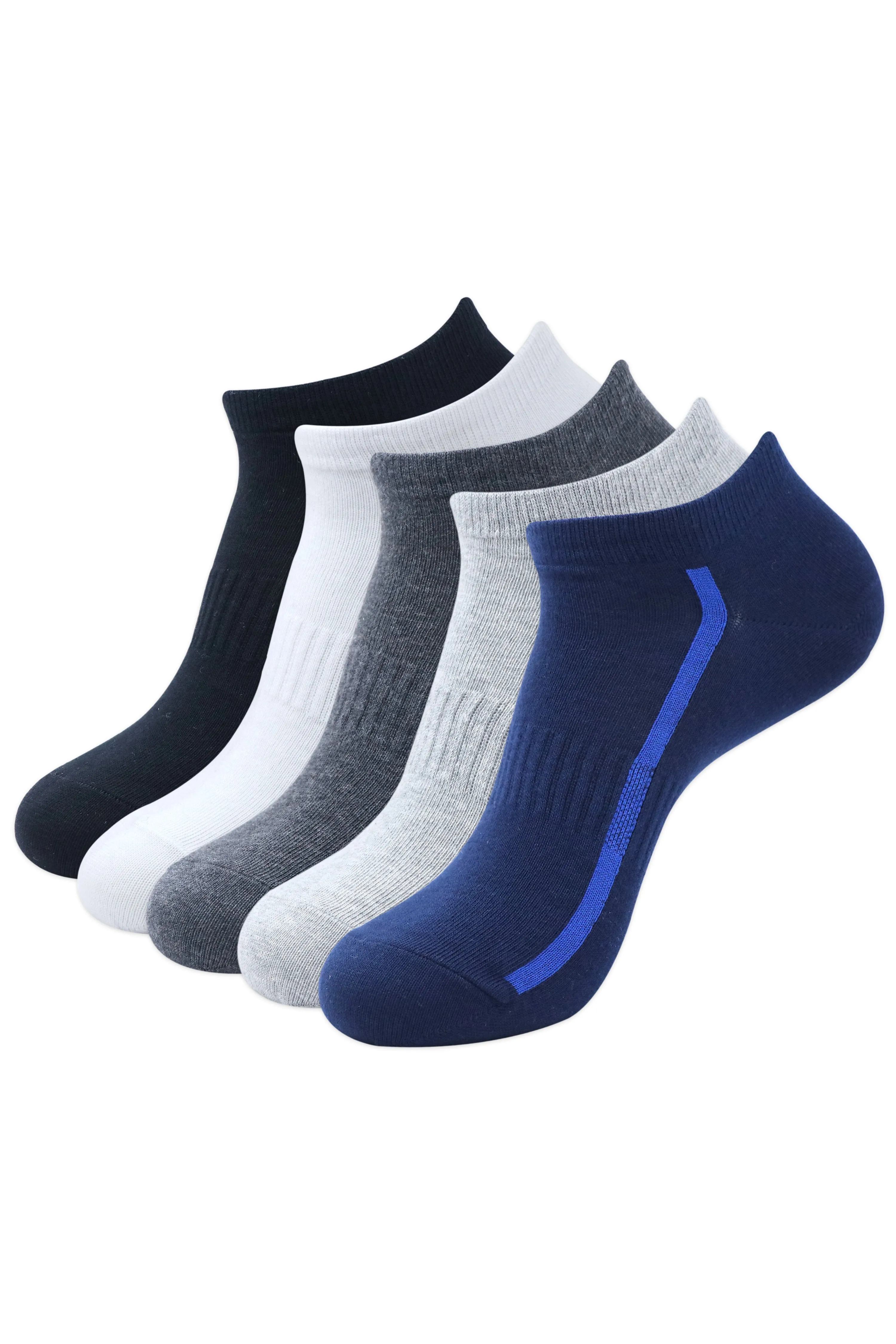 Balenzia Men's Cotton Solid Ankle Socks, Free Size-(23 cm),(Pack of 5 Pairs/1U)(White/Black/L.Grey/D.Grey/Navy)