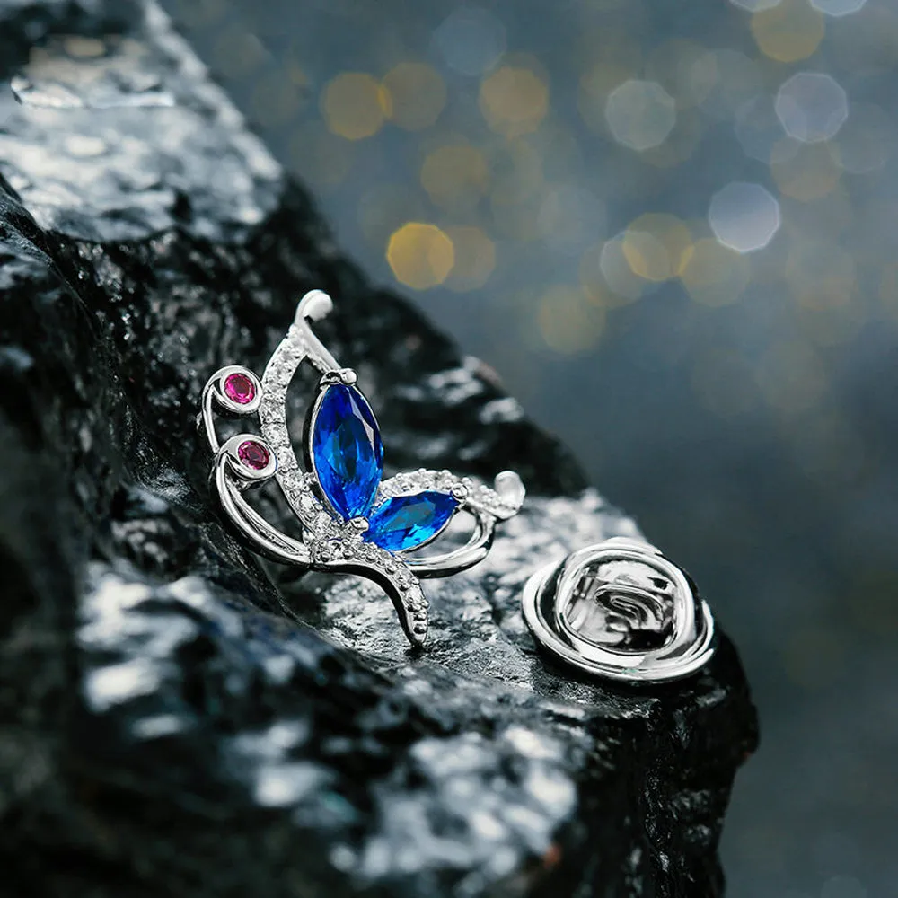 Butterfly Garnet Blue Zircon Diamante Brooch