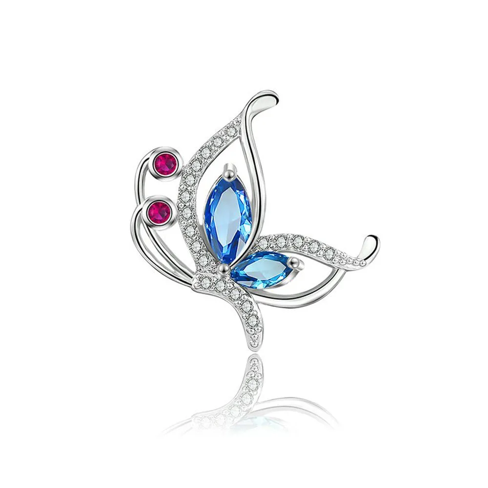 Butterfly Garnet Blue Zircon Diamante Brooch