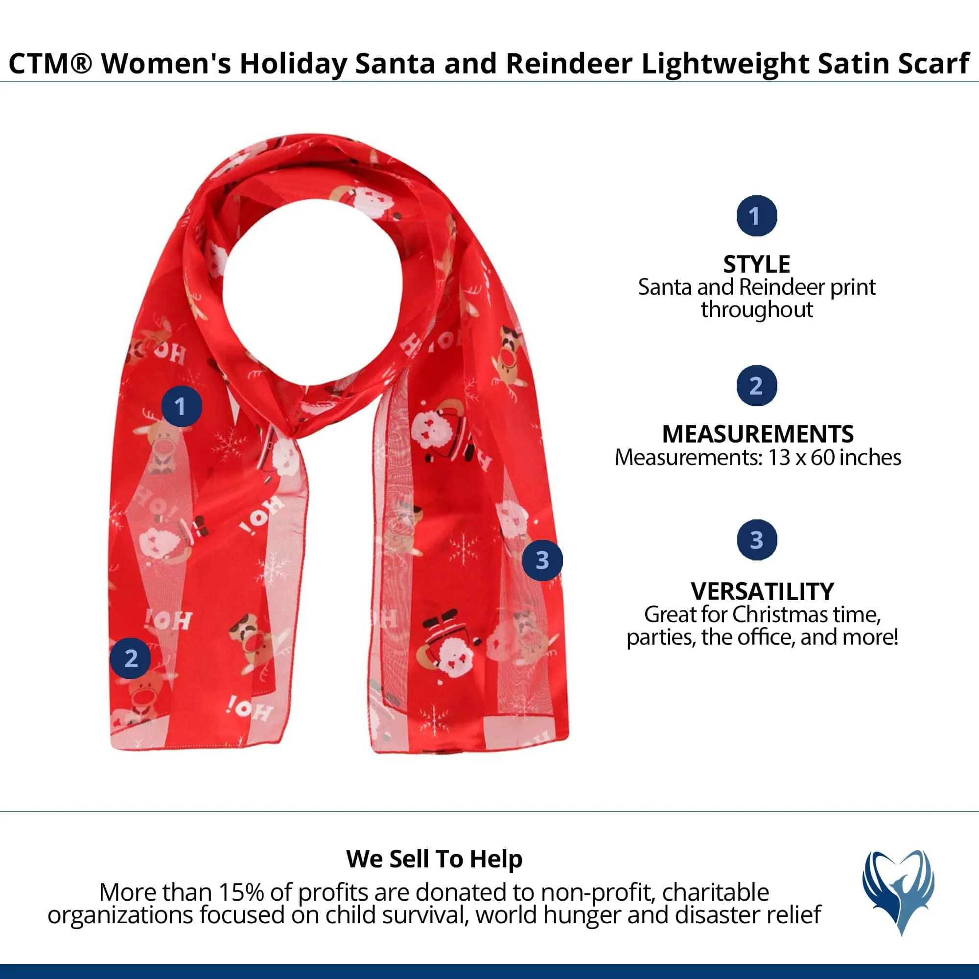 CTM® Women's Holiday Santa and Reindeer Lightweight Satin Scarf