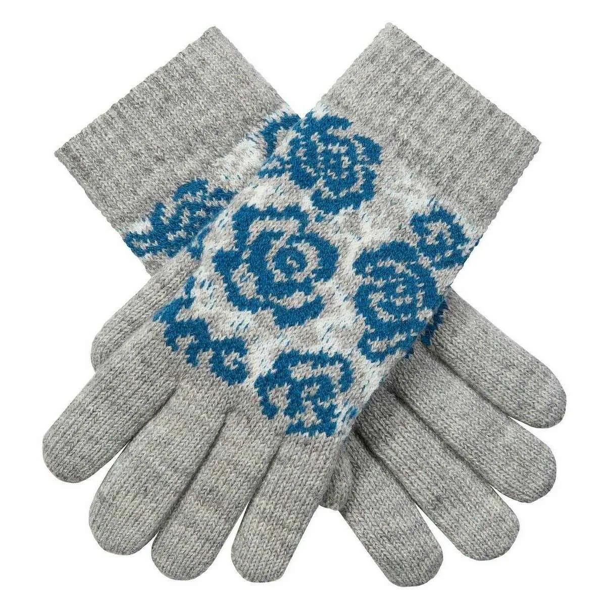 Dents Jacquard Rose Pattern Knitted Gloves - Dove Grey