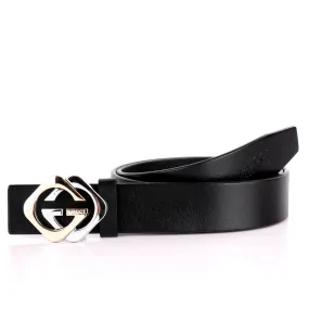 GC Classic Silver And Gold Logo Designed Black Leather Men's Belt