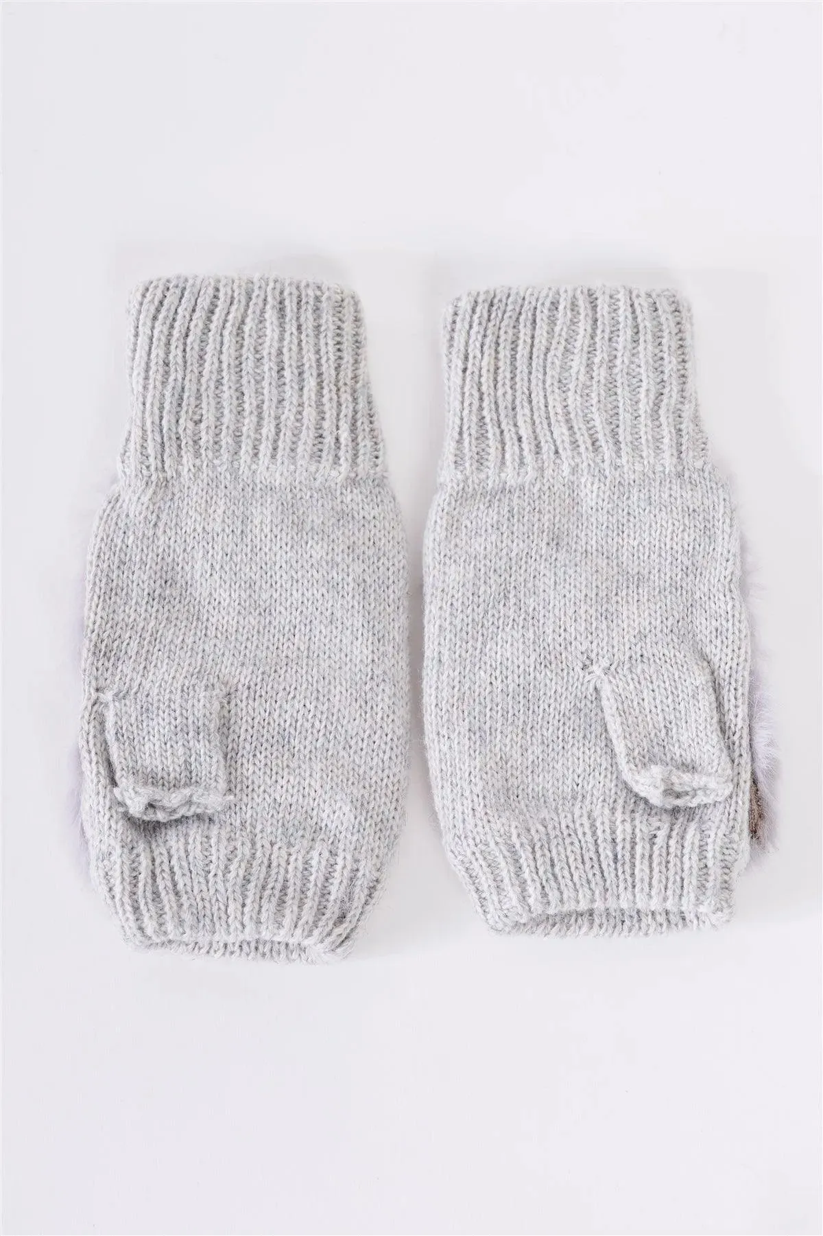 Grey Knit Furry Fingerless Pearl Detail Winter Gloves /3 Pieces