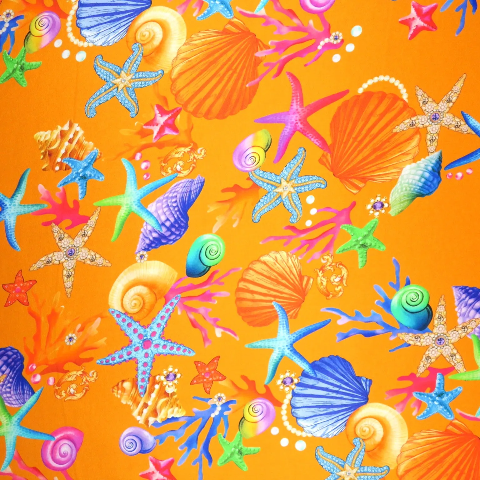 Multicolored Seashells and Starfish on Orange Printed Silk Charmeuse Fabric