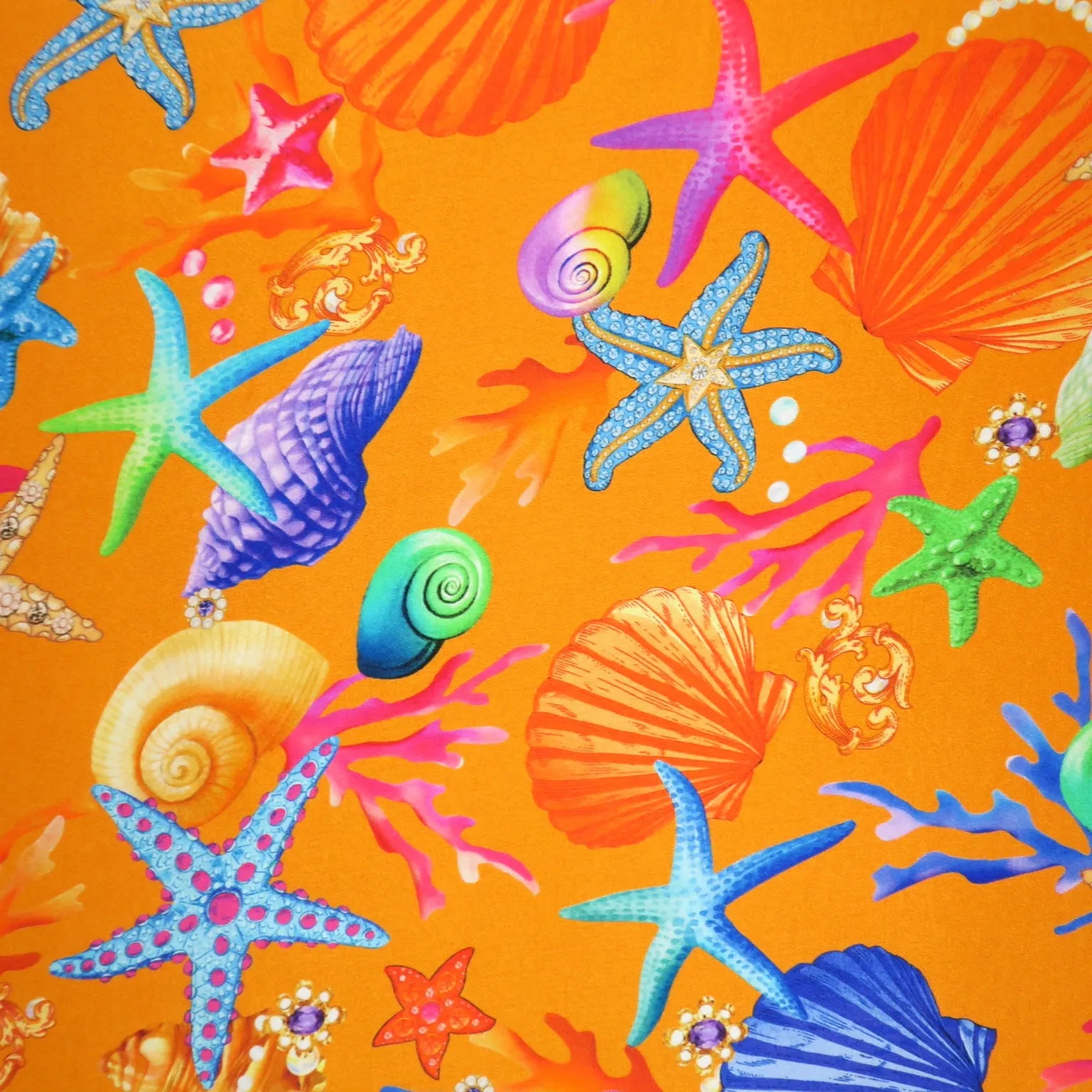 Multicolored Seashells and Starfish on Orange Printed Silk Charmeuse Fabric