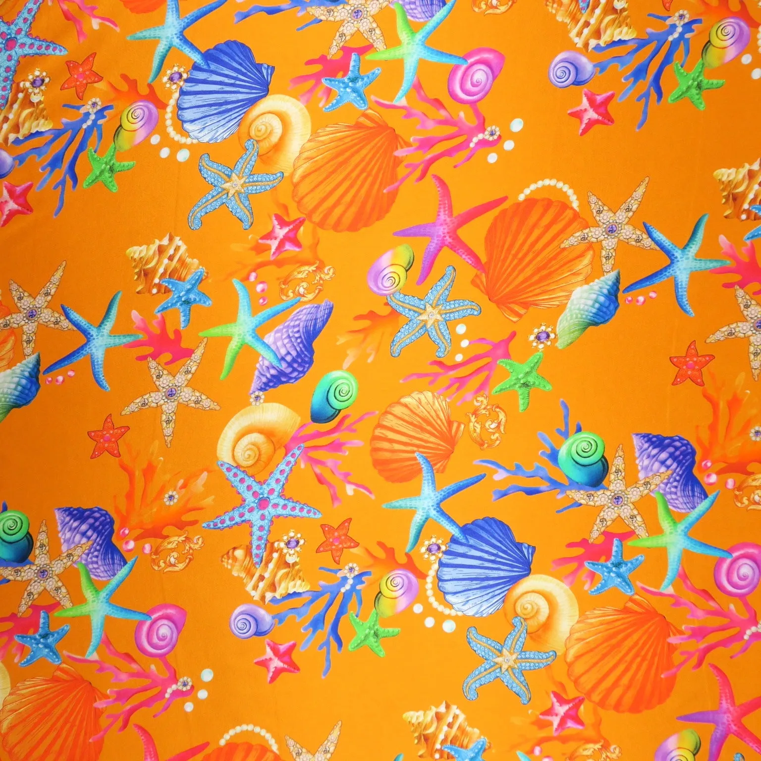 Multicolored Seashells and Starfish on Orange Printed Silk Charmeuse Fabric