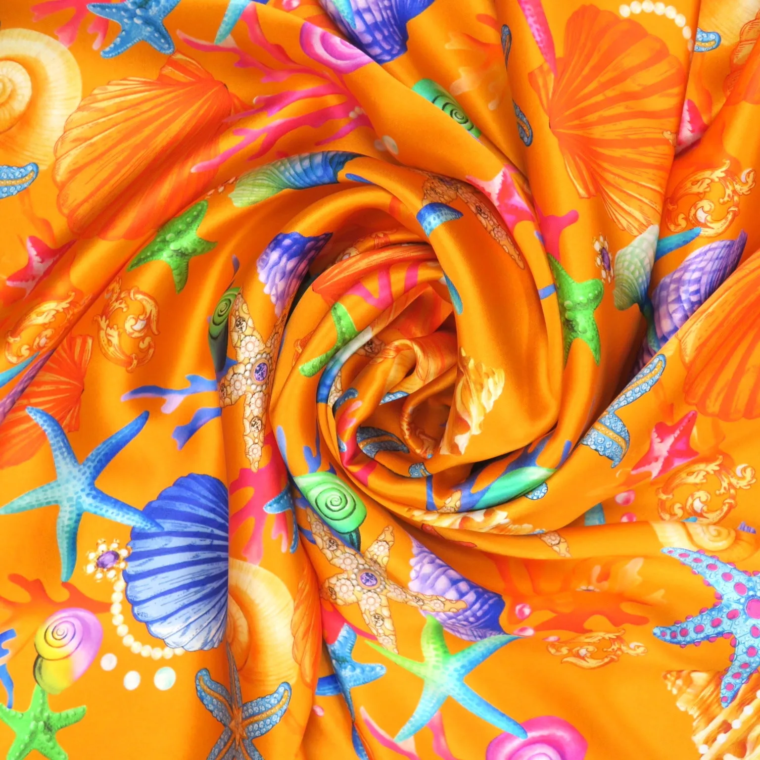 Multicolored Seashells and Starfish on Orange Printed Silk Charmeuse Fabric