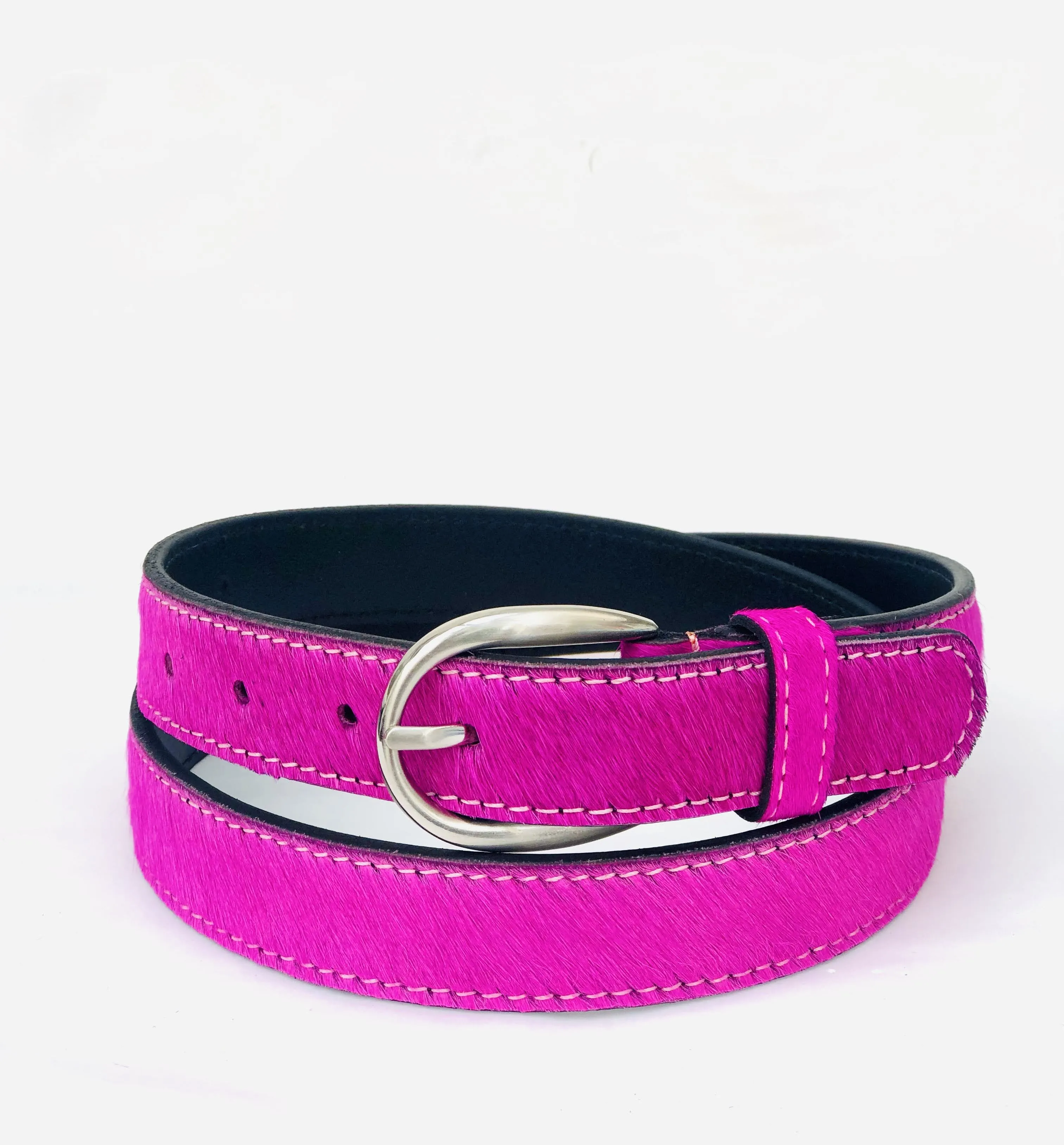 Neon Pink hair-on-hide womens leather belt