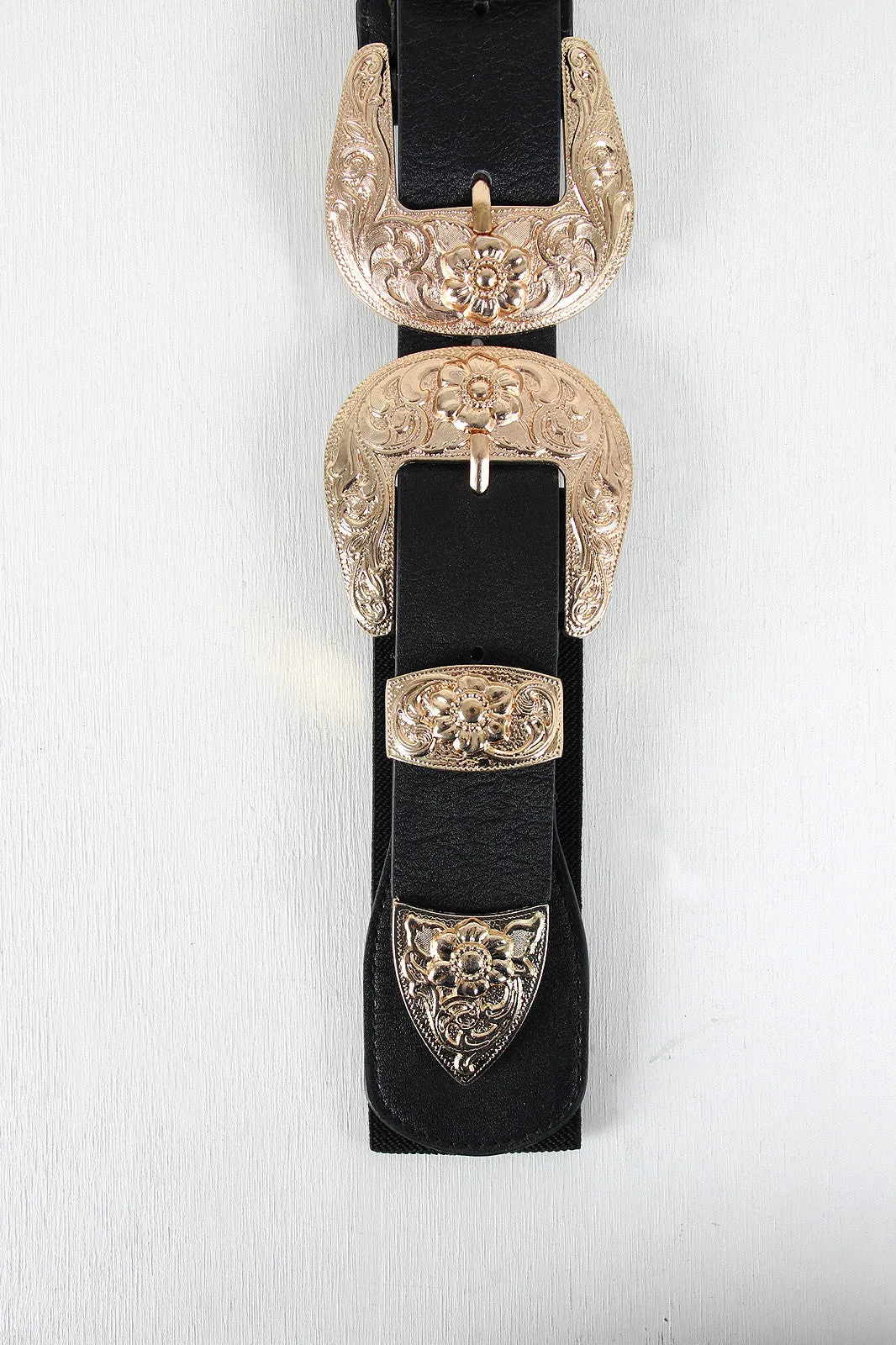 Ornate Flower Double Buckle Elastic Belt