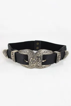 Ornate Flower Double Buckle Elastic Belt