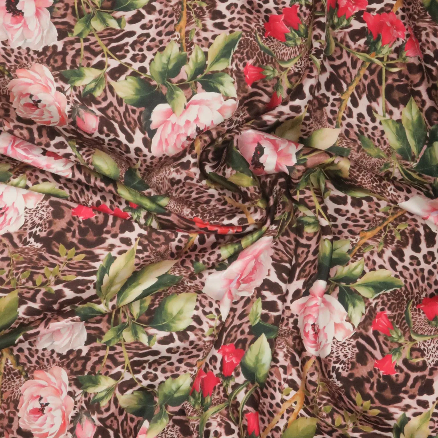 Pink Animal Print with Green and Red Florals Printed Silk Charmeuse Fabric