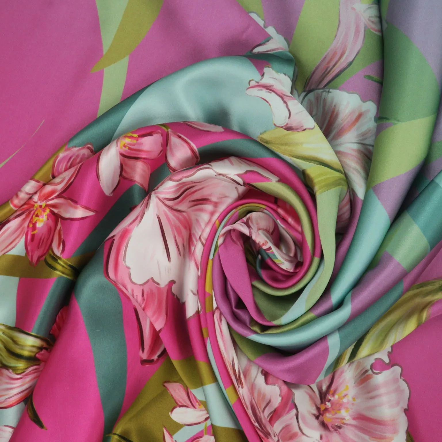 Pink Flowers on Multicolor Printed Silk Charmeuse Fabric