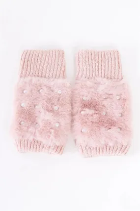 Pink Knit Furry Fingerless Pearl Detail Winter Gloves /3 Pieces