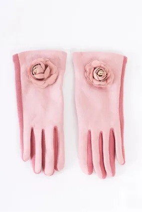 Pink Suede Rose Flower Decor Detail Faux Fur Lining Gloves /4 Pieces