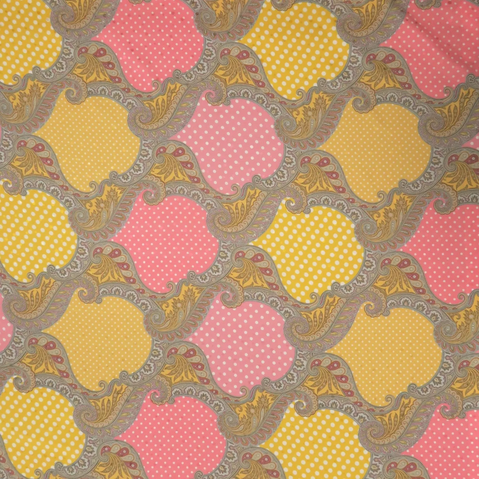 Polka Dots and Arabesques Abstract Yellow Pink Print Printed Silk Charmeuse Fabric