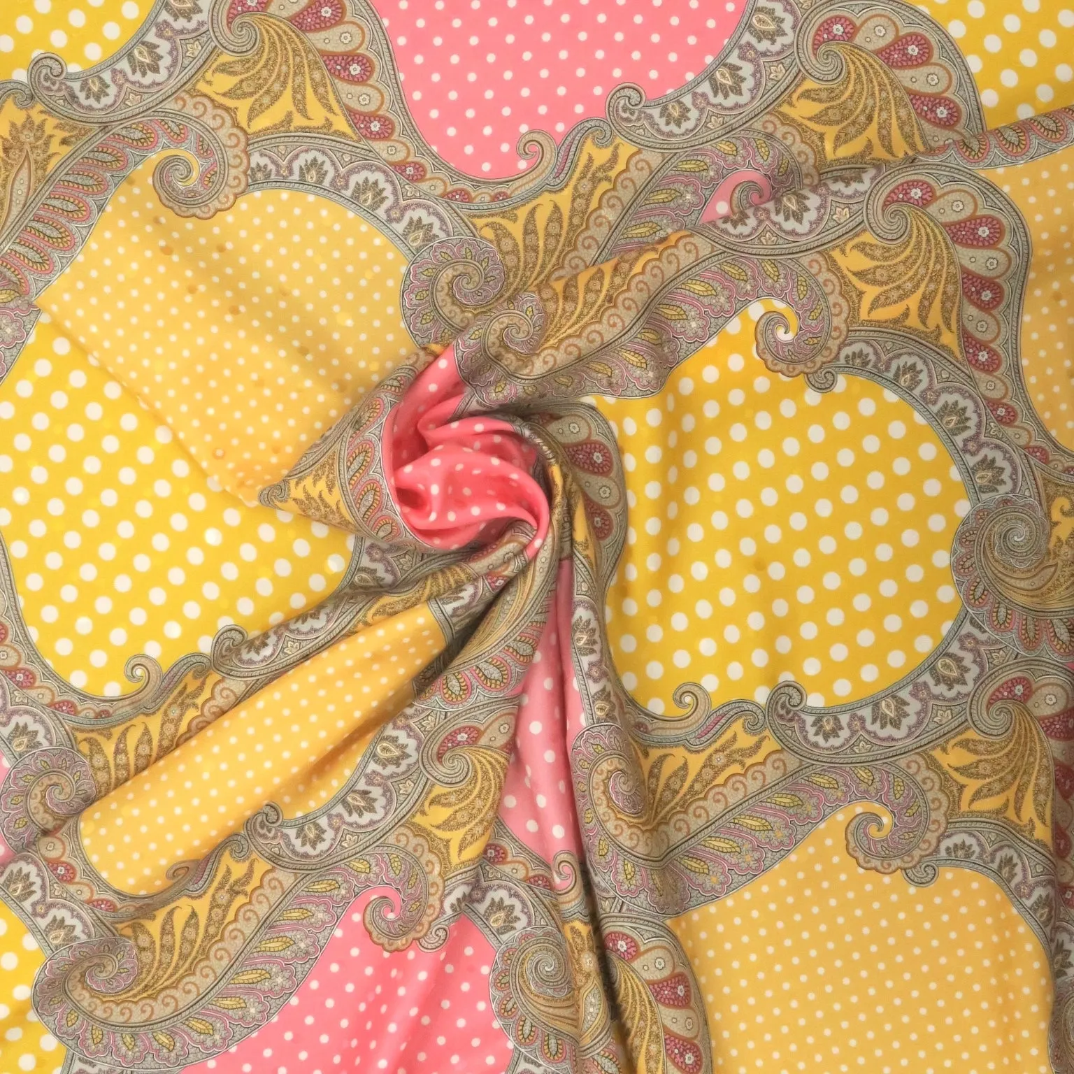 Polka Dots and Arabesques Abstract Yellow Pink Print Printed Silk Charmeuse Fabric