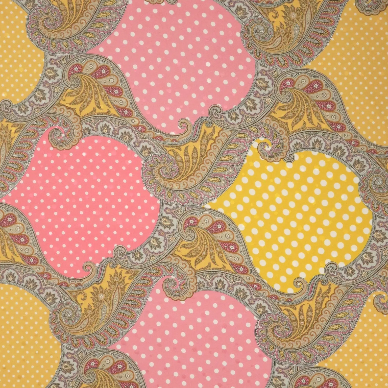 Polka Dots and Arabesques Abstract Yellow Pink Print Printed Silk Charmeuse Fabric