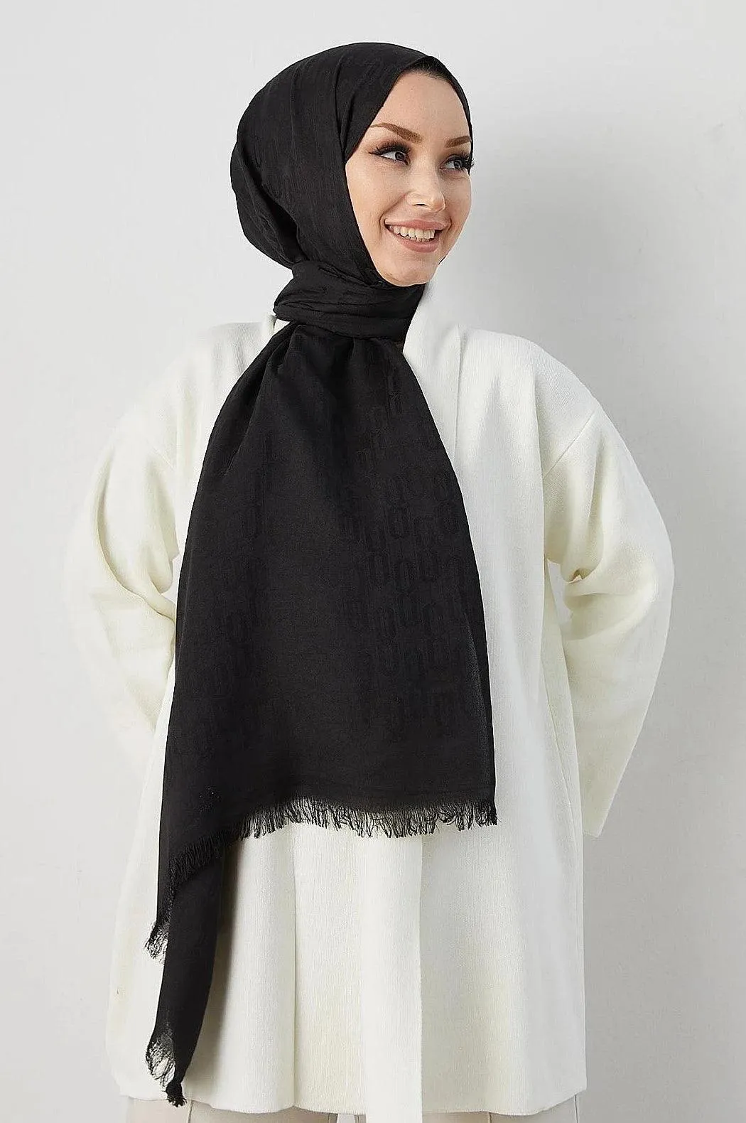 Silky Black Hijab Scarf Shawl with Chain Pattern - Black