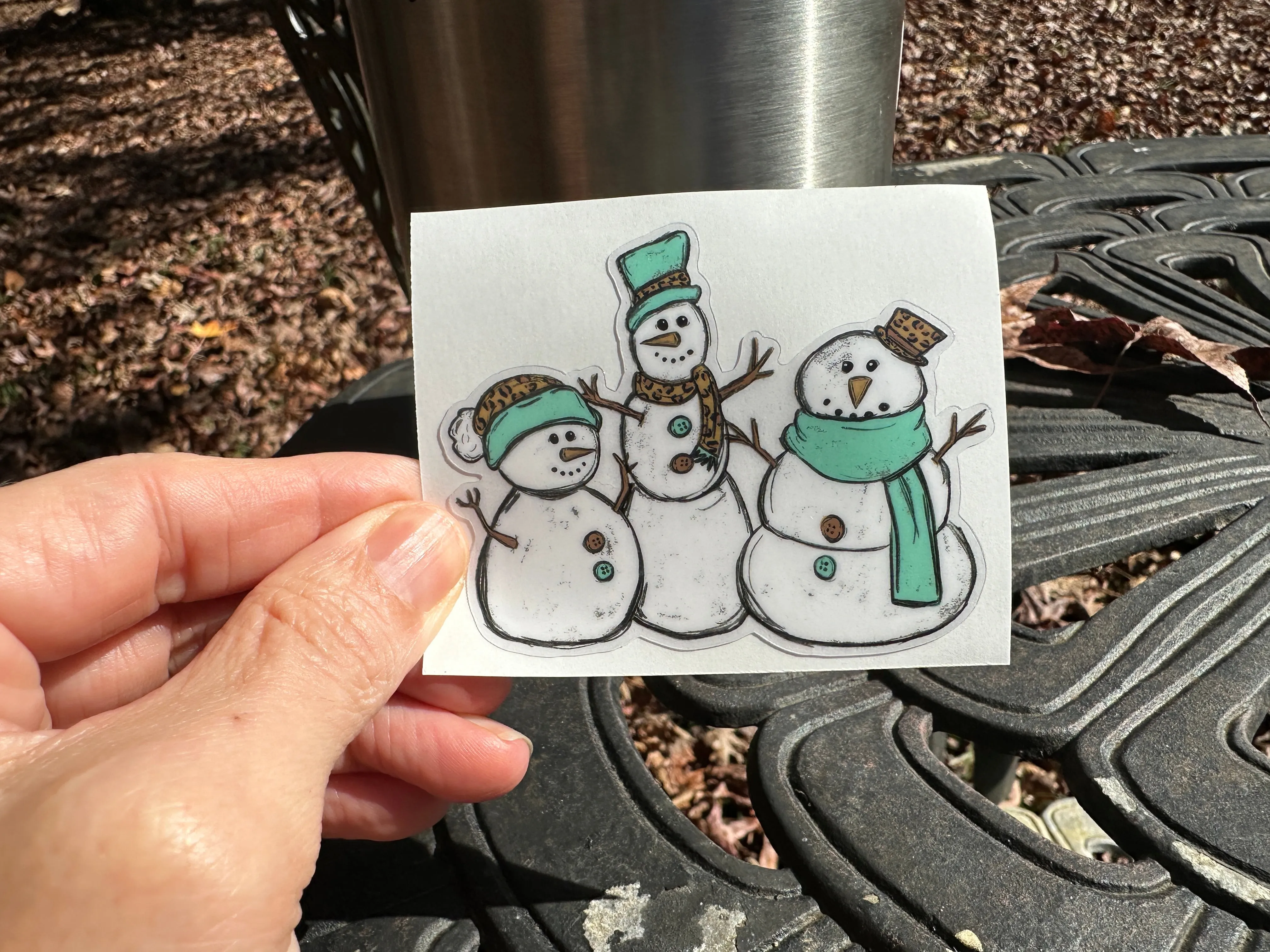 Sticker | 26C | 3 Snowmen | Waterproof Vinyl Sticker | White | Clear | Permanent | Removable | Window Cling | Glitter | Holographic