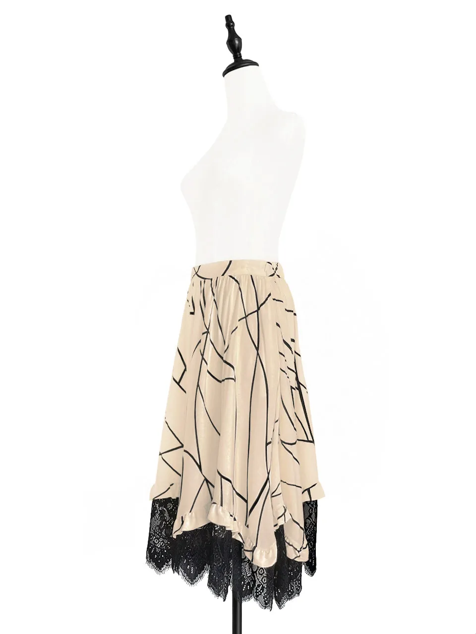 Surprise Sale! Print Asymmetric Lace Trim Flowy Midi-Skirt