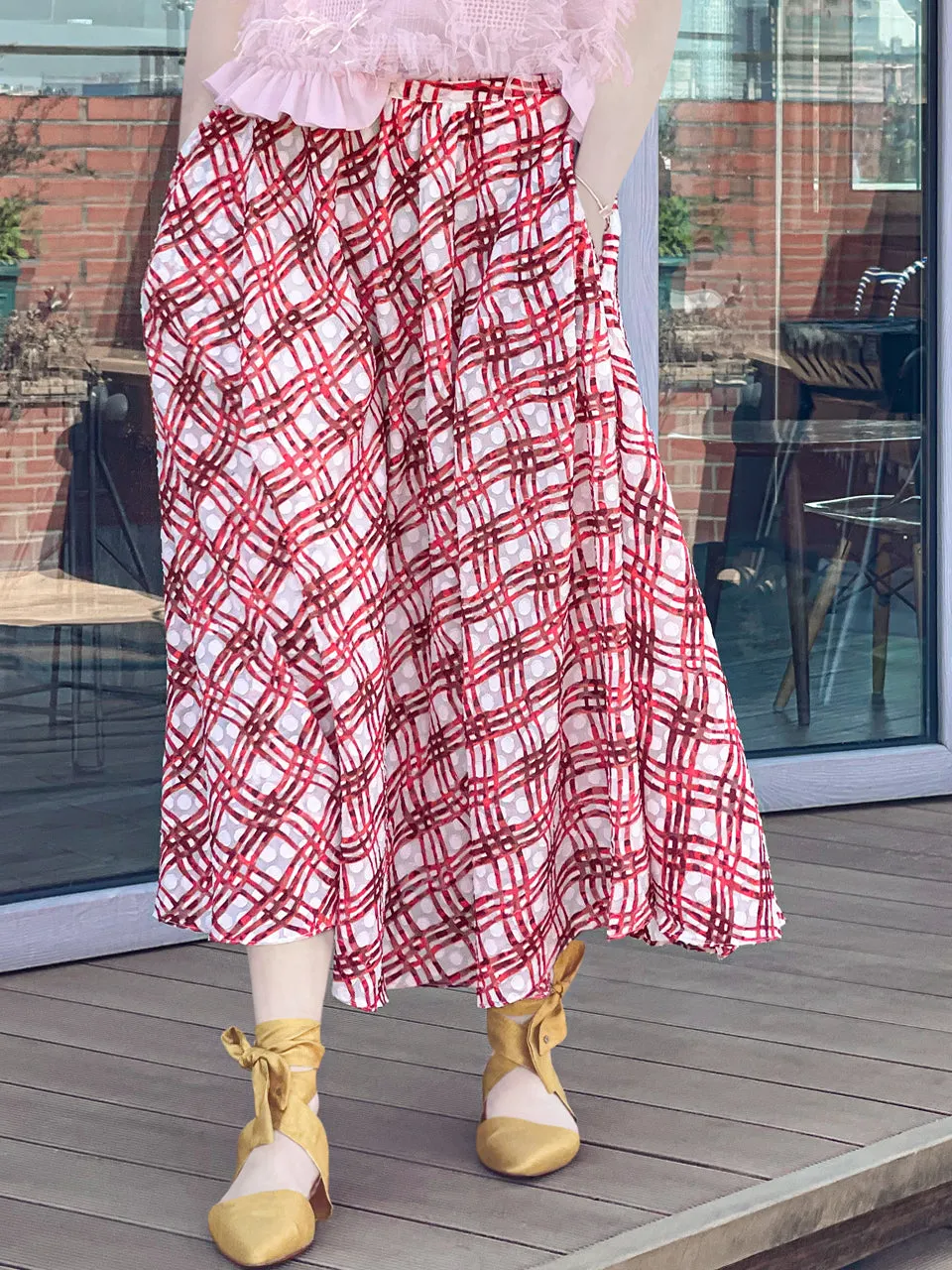 Surprise Sale! Red Check Print Embossed Dotty Breezy Circle Skirt