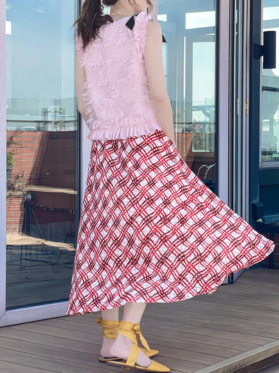 Surprise Sale! Red Check Print Embossed Dotty Breezy Circle Skirt