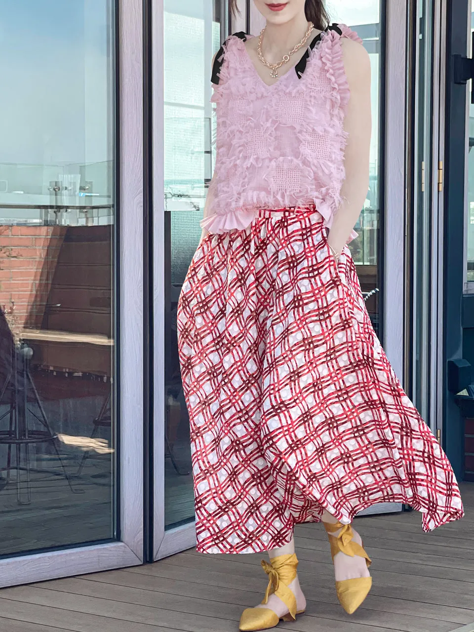 Surprise Sale! Red Check Print Embossed Dotty Breezy Circle Skirt