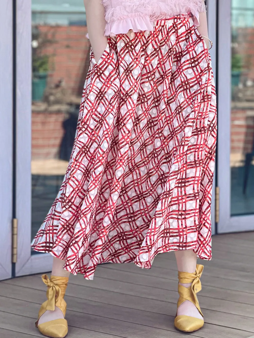 Surprise Sale! Red Check Print Embossed Dotty Breezy Circle Skirt