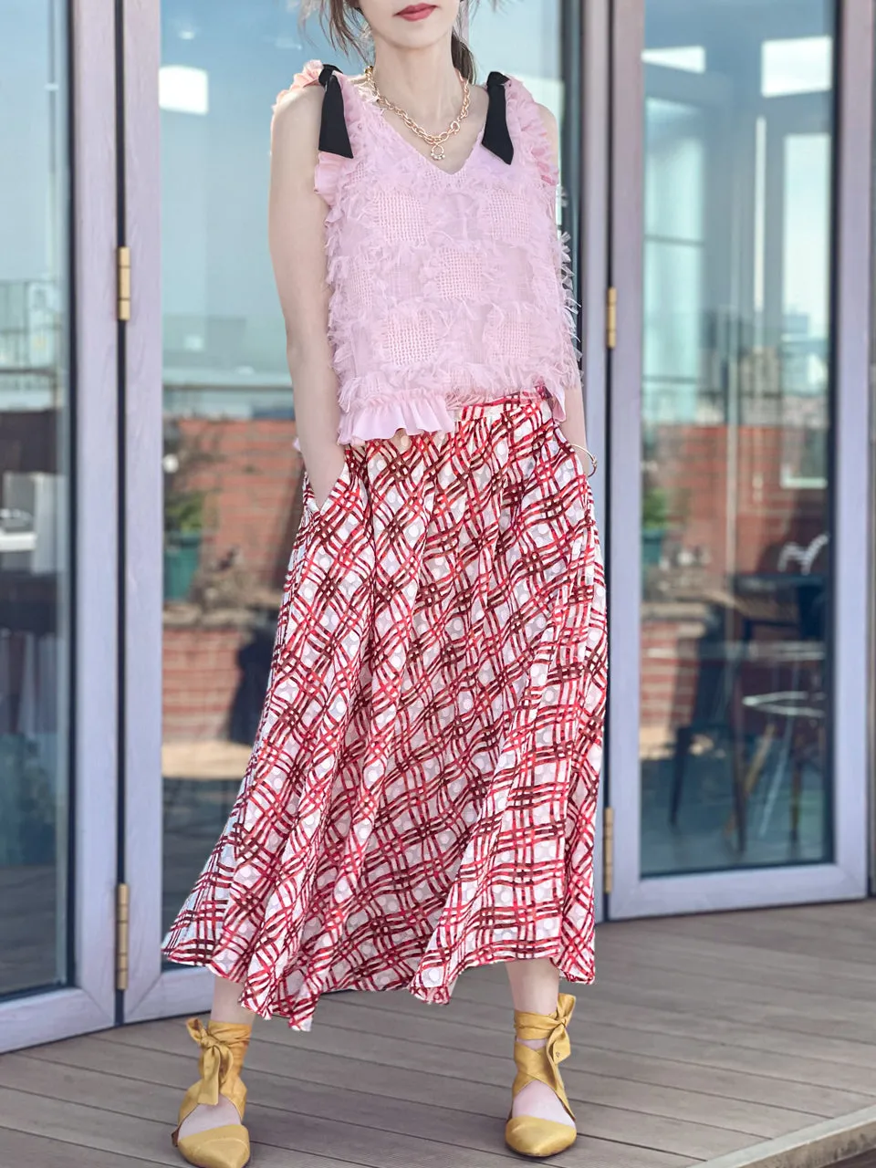 Surprise Sale! Red Check Print Embossed Dotty Breezy Circle Skirt