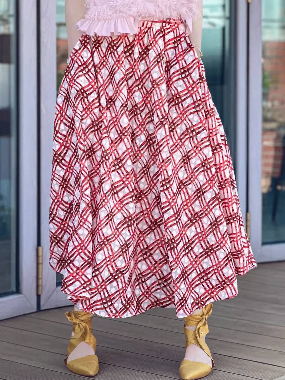 Surprise Sale! Red Check Print Embossed Dotty Breezy Circle Skirt