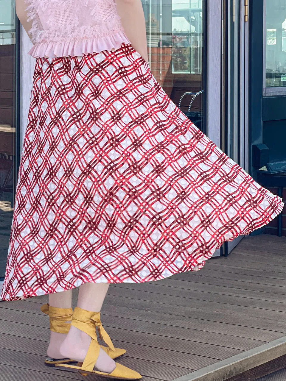 Surprise Sale! Red Check Print Embossed Dotty Breezy Circle Skirt