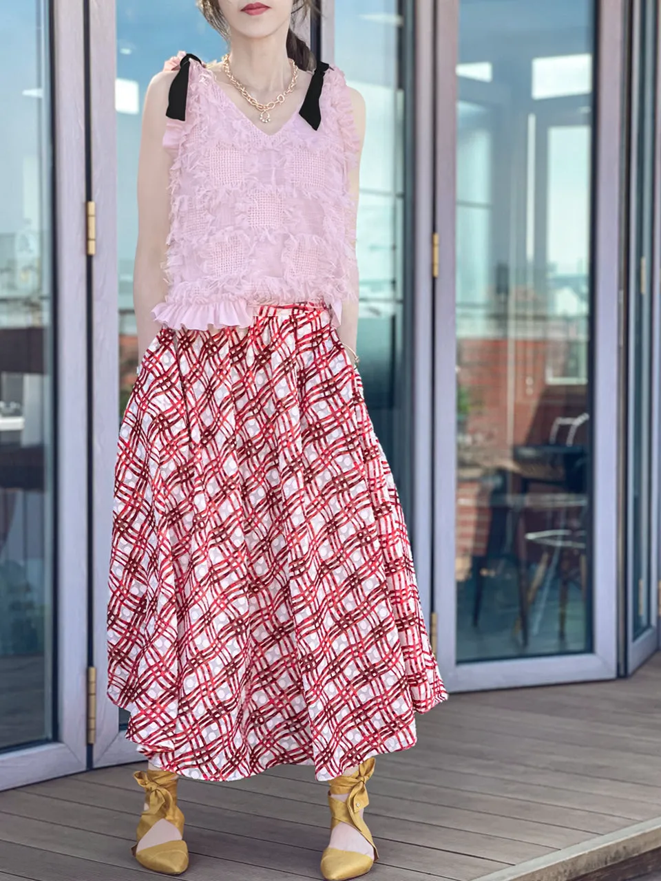 Surprise Sale! Red Check Print Embossed Dotty Breezy Circle Skirt