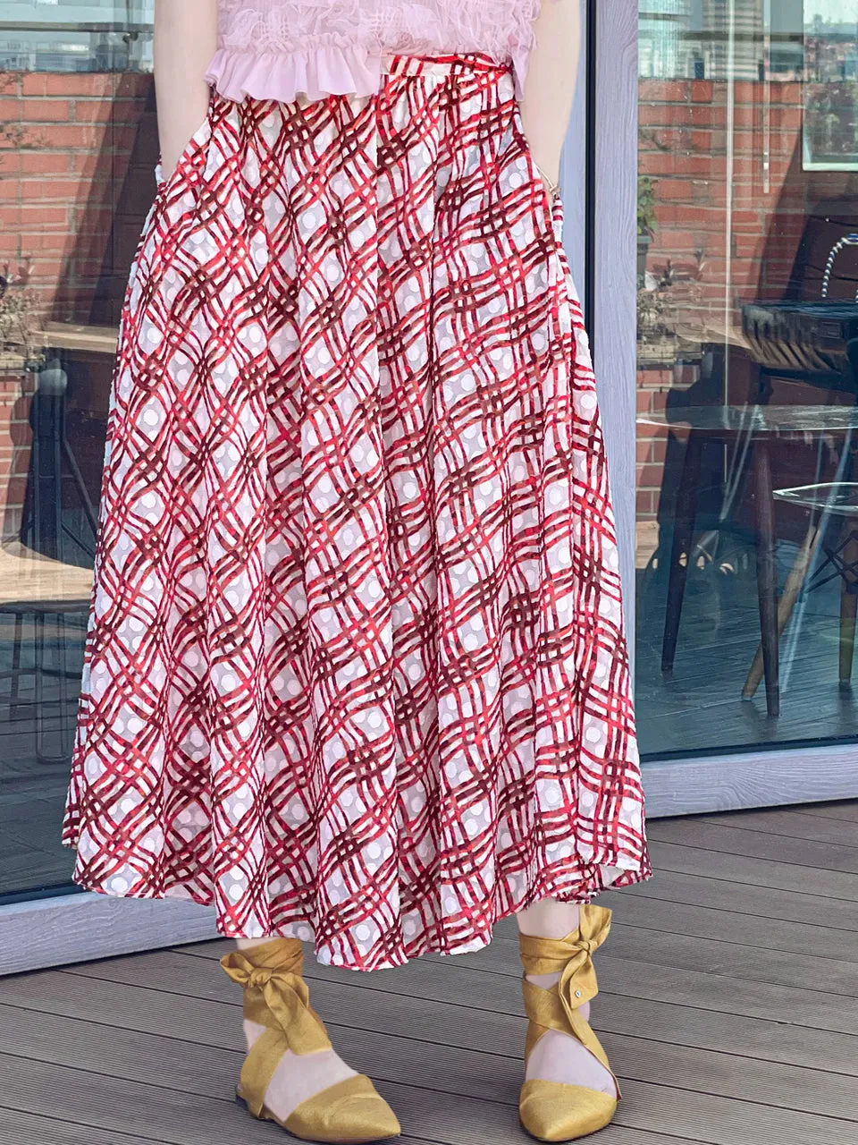 Surprise Sale! Red Check Print Embossed Dotty Breezy Circle Skirt