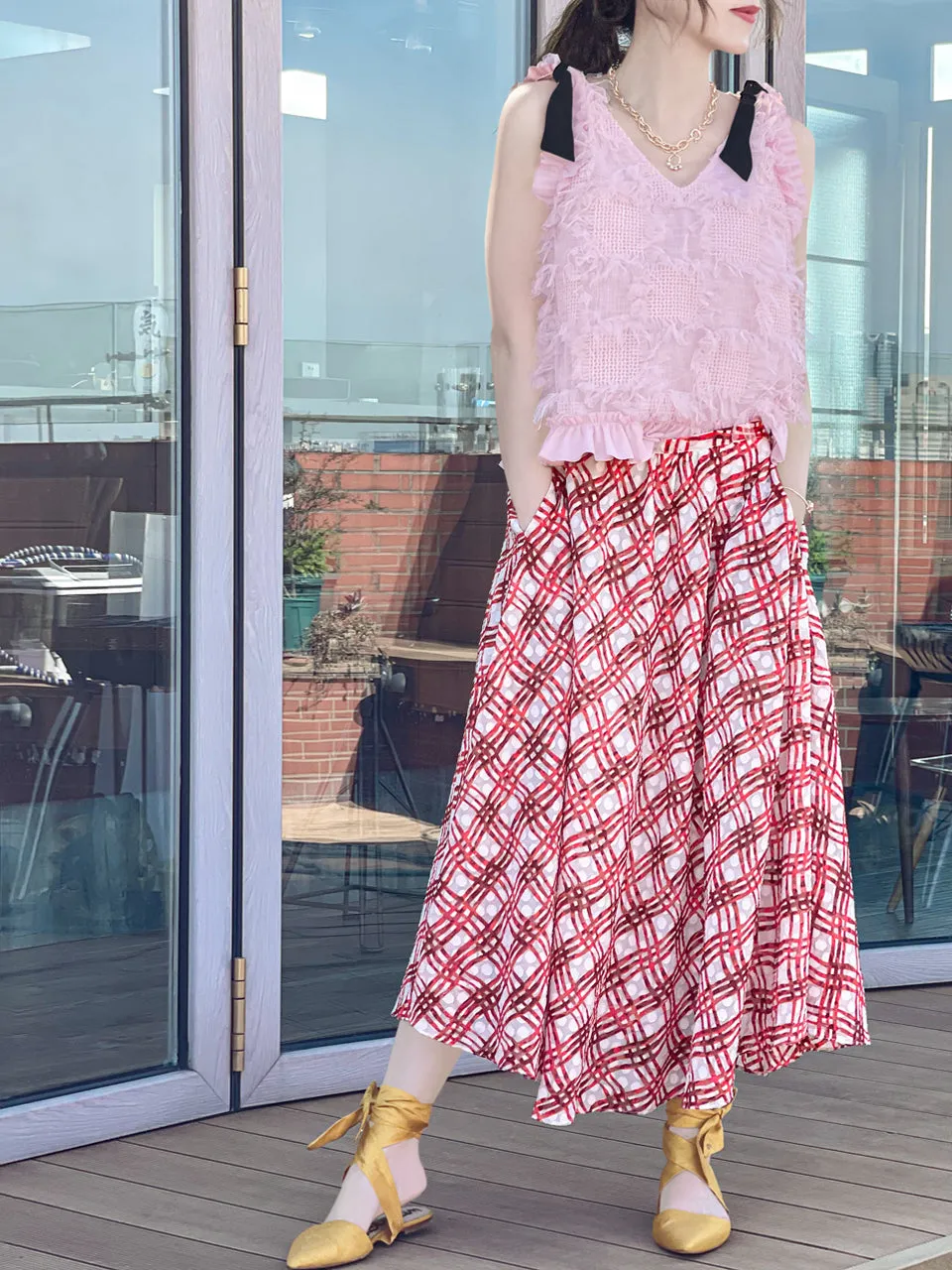 Surprise Sale! Red Check Print Embossed Dotty Breezy Circle Skirt