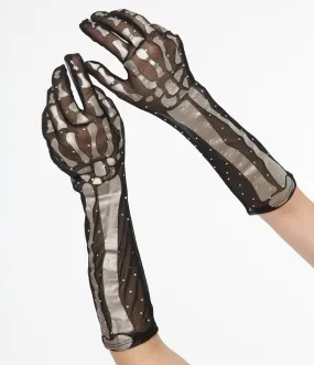 Unique Vintage Black & Silver Skeleton Rhinestone Gloves