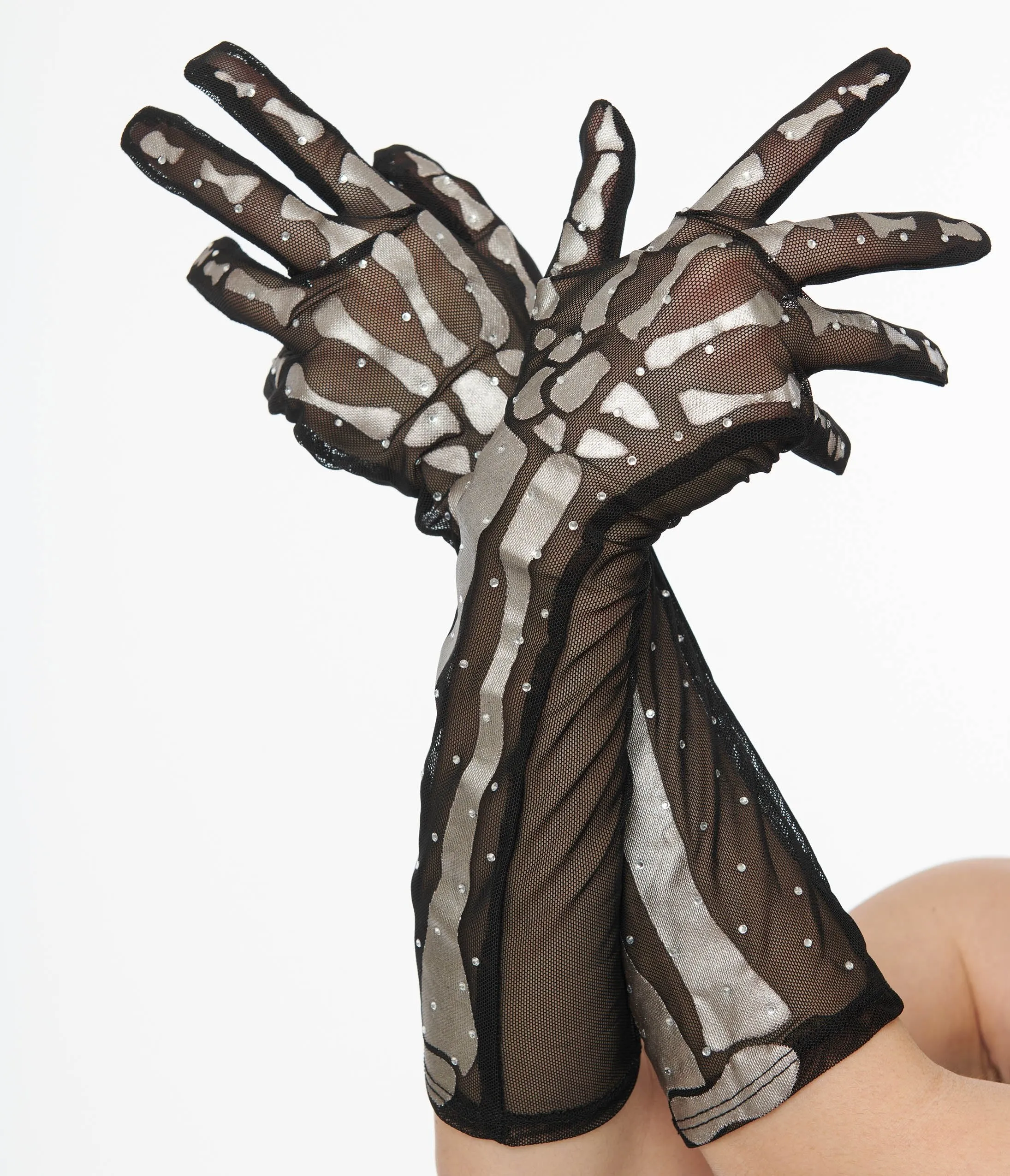 Unique Vintage Black & Silver Skeleton Rhinestone Gloves