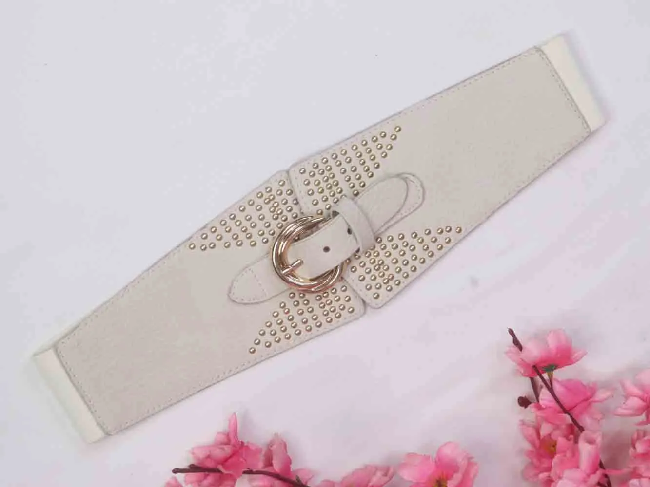 White Elastic Belt with Gold Beads - Professional Accessory